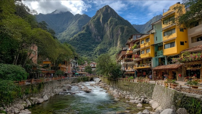 Comprehensive travel guide showing Aguas Calientes town with colorful buildings, thermal baths, restaurants, and Machu Picchu mountain backdrop