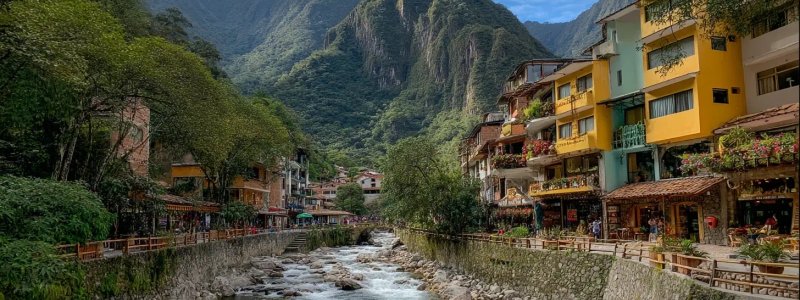 Comprehensive travel guide showing Aguas Calientes town with colorful buildings, thermal baths, restaurants, and Machu Picchu mountain backdrop