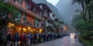 Early morning queue of tourists waiting for same-day Machu Picchu tickets at the entrance in Aguas Calientes town
