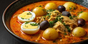 Bowl of ají de gallina garnished with olives, egg and potatoes