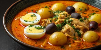 Bowl of ají de gallina garnished with olives, egg and potatoes
