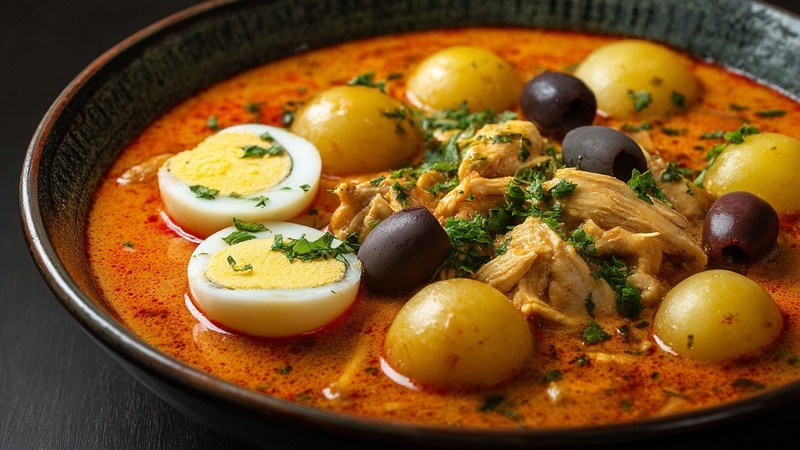 Bowl of ají de gallina garnished with olives, egg and potatoes