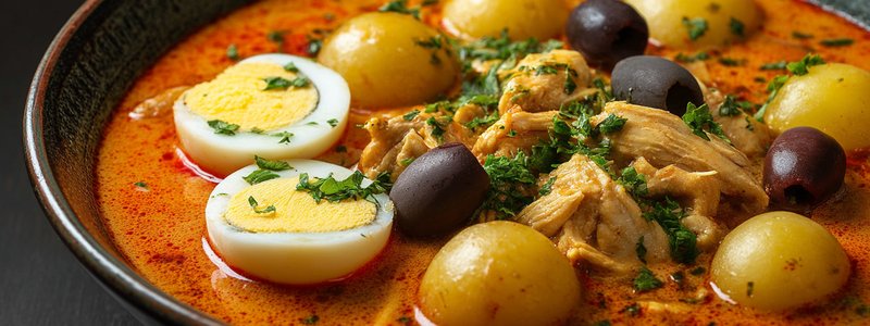 Bowl of ají de gallina garnished with olives, egg and potatoes