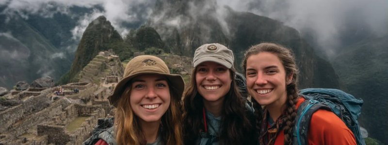 Solo travelers exploring Peru independently with backpacks, using public transportation, staying in hostels, navigating local markets, and confidently exploring archaeological sites while maintaining safety and connecting with other travelers