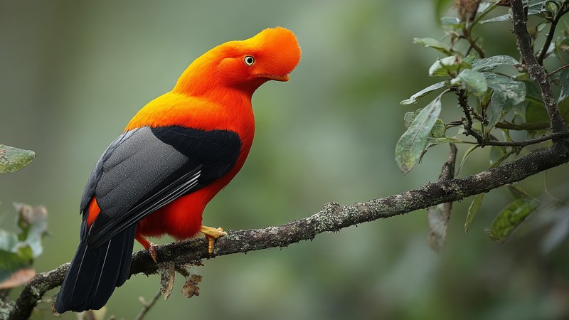 A male Andean cock-of-the-rock displaying its bright plumage on a tree branch