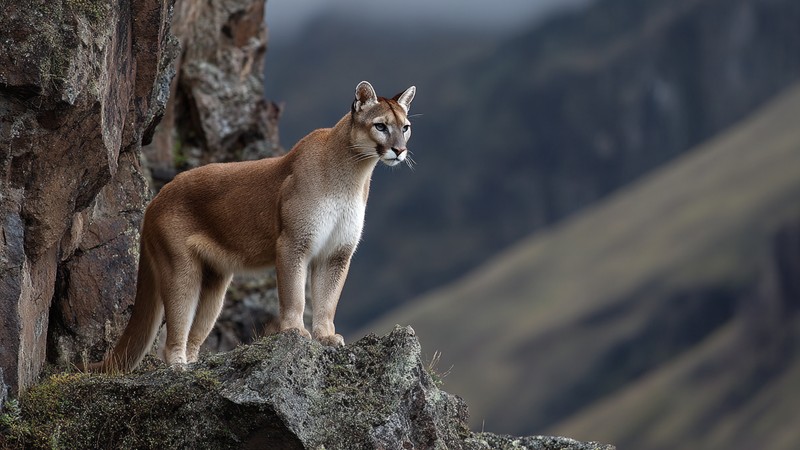 An Andean puma standing alert on a rocky ledge