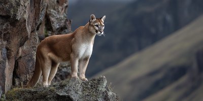 An Andean puma standing alert on a rocky ledge