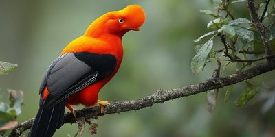 A male Andean cock-of-the-rock displaying its bright plumage on a tree branch