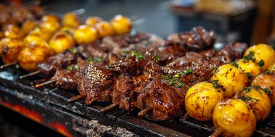 Skewers of anticuchos with beef heart, potatoes and spicy sauce on a street grill