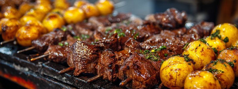 Skewers of anticuchos with beef heart, potatoes and spicy sauce on a street grill