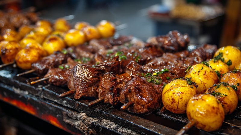 Skewers of anticuchos with beef heart, potatoes and spicy sauce on a street grill