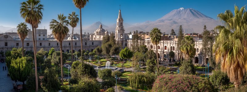 Arequipa’s Plaza de Armas with the Basilica Cathedral and Misti volcano in the background