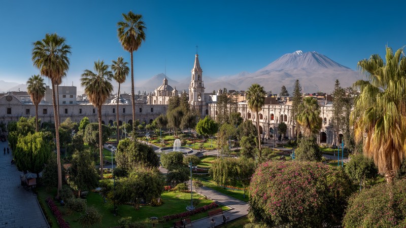 Arequipa’s Plaza de Armas with the Basilica Cathedral and Misti volcano in the background