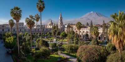 Arequipa’s Plaza de Armas with the Basilica Cathedral and Misti volcano in the background