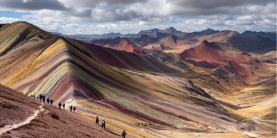 Rainbow Mountain’s colorful striped slopes with hikers in the foreground