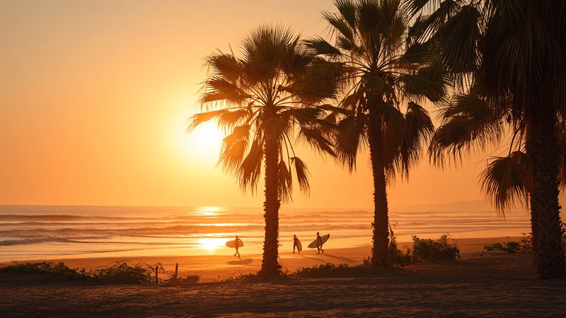 Golden sunset over Máncora Beach, Peru, with surfers and palm silhouettes