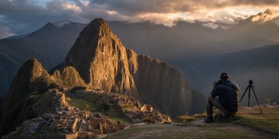 Professional photographer with DSLR camera and tripod capturing dramatic sunrise view of Machu Picchu citadel with golden light illuminating ancient stone structures