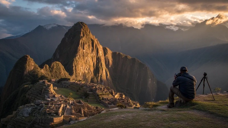 Professional photographer with DSLR camera and tripod capturing dramatic sunrise view of Machu Picchu citadel with golden light illuminating ancient stone structures