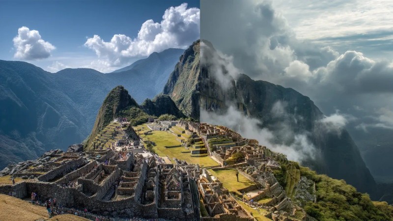 Machu Picchu during different seasons showing weather variations and crowd levels