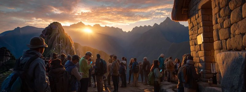 Machu Picchu ancient ruins with tourists queuing for last-minute tickets at entrance gate, showing crowded scene with people rushing to buy tickets