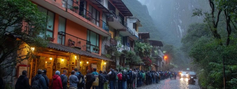 Early morning queue of tourists waiting for same-day Machu Picchu tickets at the entrance in Aguas Calientes town