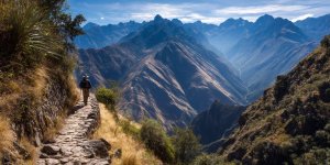 Tourist walking on the classic Inca Trail stone path with Andean mountains and ancient ruins visible in background showing typical trekking scenery