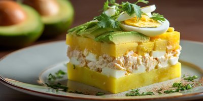 Slice of causa limeña with layers of yellow potato, chicken salad and avocado on a plate