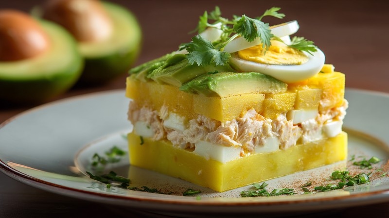Slice of causa limeña with layers of yellow potato, chicken salad and avocado on a plate