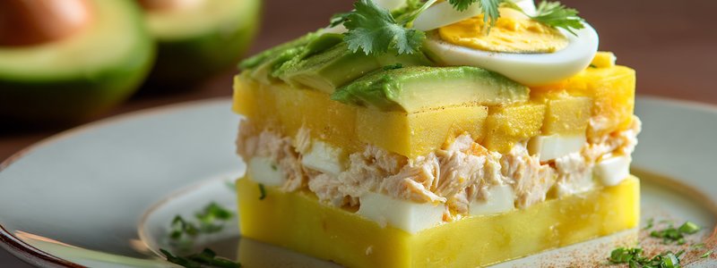 Slice of causa limeña with layers of yellow potato, chicken salad and avocado on a plate