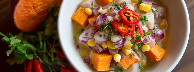 Peruvian ceviche garnished with sweet potato, corn and chili peppers