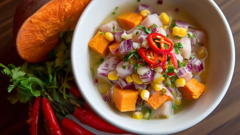 Peruvian ceviche garnished with sweet potato, corn and chili peppers