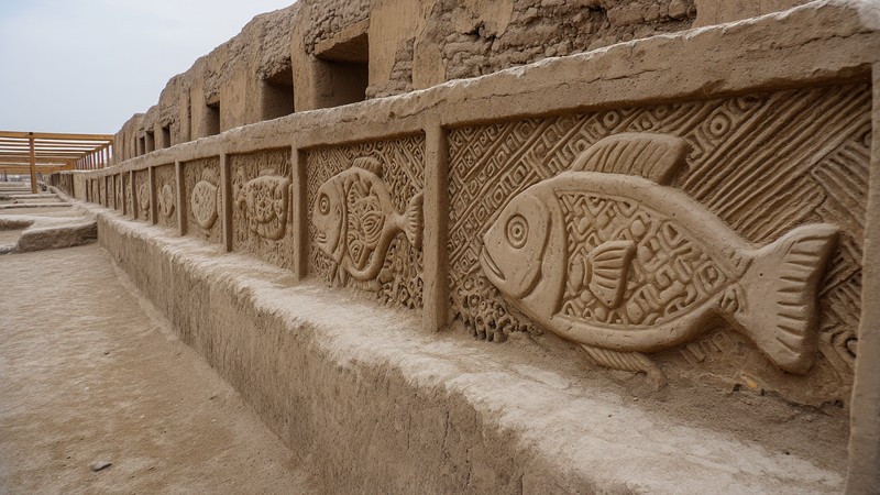 Adobe walls and fish reliefs at the Chan Chan archaeological site near Trujillo