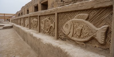 Adobe walls and fish reliefs at the Chan Chan archaeological site near Trujillo