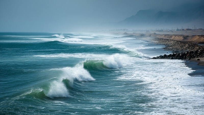 Waves rolling into the shore at Chicama, Peru