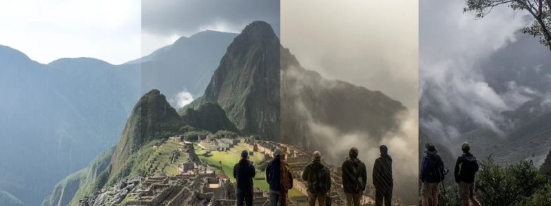 Seasonal Machu Picchu landscape transformation showing same viewpoint in four seasons: lush green rainy season, clear blue sky dry season, morning mist shoulder season, and dramatic cloudy weather conditions with diverse tourist clothing and preparation