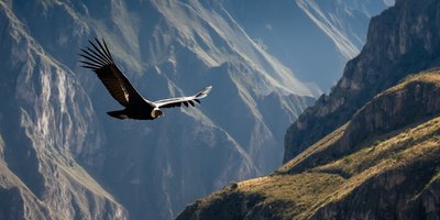 Andean condor gliding over the vast Colca Canyon in Peru