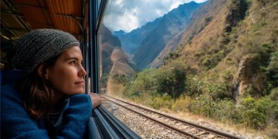 Professional traveler sitting on train from Cusco to Aguas Calientes looking out window at Andean mountain scenery with railroad tracks visible