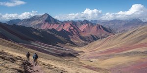 Hikers exploring Rainbow Mountain Day Hike with dramatic mountain scenery