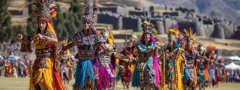 Traditional Inti Raymi sun festival in Cusco with colorful Inca ceremonial costumes, Quechua dancers performing ancient rituals with Sacsayhuamán fortress in background