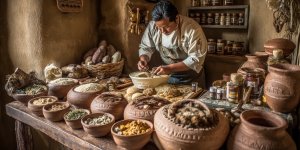 Peruvian chef preparing traditional quinoa and alpaca dishes in rustic kitchen with clay pots and indigenous ingredients