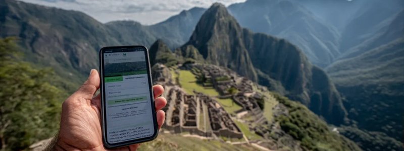 Tourist holding smartphone showing successful Machu Picchu ticket booking confirmation on the official government website with Andean mountains in background