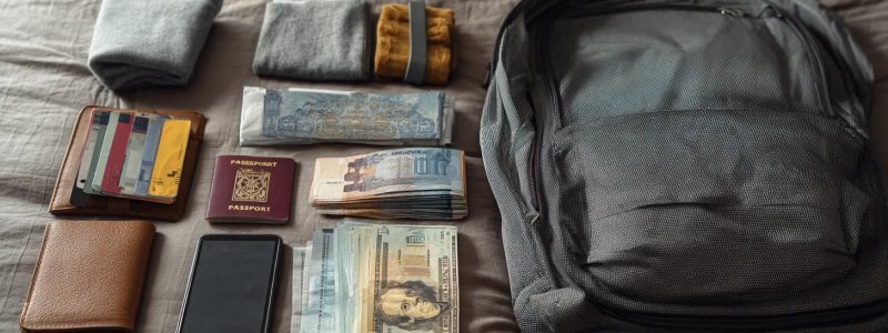Traveler organizing backpack with money belt, passport, tickets, and cash in neat organized piles while planning Peru budget on smartphone
