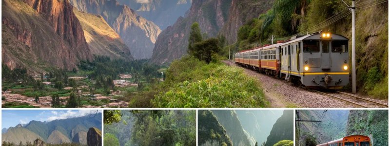 Peru transportation networks showing trains through Sacred Valley mountains, buses connecting coastal and highland cities, domestic flights over diverse landscapes, and various local transport options from taxis to boats across different regions