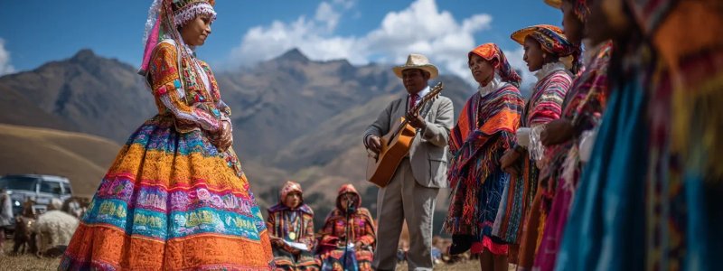 Traditional Peruvian quinceañera celebration with colorful textiles, Andean music performance, family gathering, and ceremonial elements against mountain village backdrop