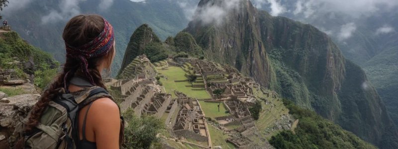 Budget backpacker exploring Machu Picchu with basic gear, staying in hostels, using public transportation, eating street food, and connecting with other budget travelers while maintaining safety and enjoying authentic experiences