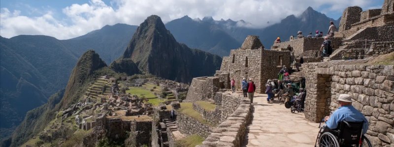 Disabled accessibility at Machu Picchu showing wheelchair-accessible viewing areas, mobility assistance equipment, accessible transportation options, and diverse travelers with various disabilities enjoying the ancient citadel with appropriate support