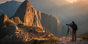 Professional photographer capturing Machu Picchu sunrise with telephoto lens on sturdy tripod as golden light illuminates ancient terraces
