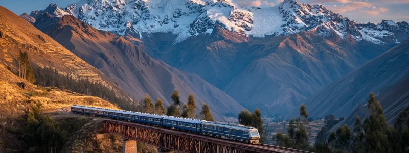 High-speed train crossing scenic Peruvian mountain bridge through Sacred Valley with snow-capped Andes peaks in background during golden hour