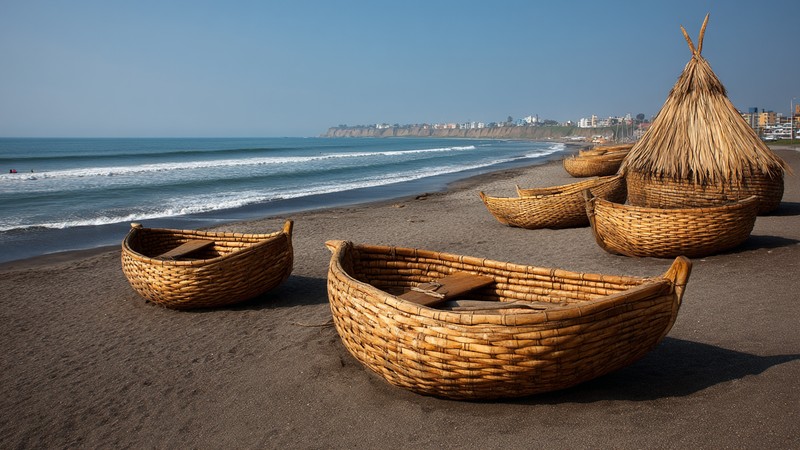 Traditional reed boats on the beach of Huanchaco