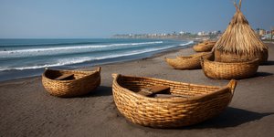 Traditional reed boats on the beach of Huanchaco